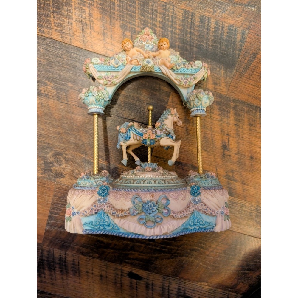 VTG Carousel Horse Hand Painted Cherub Motion "Love Makes The World Go Round"